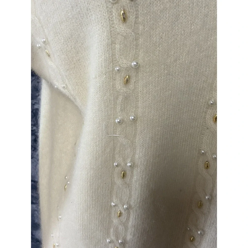 Vintage Marisa Christina Sweater Tunic Womens L White Beaded Pearl 80s